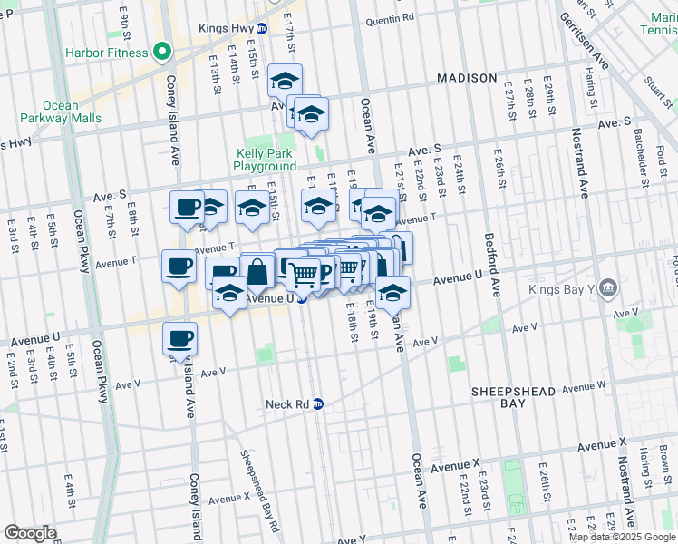 map of restaurants, bars, coffee shops, grocery stores, and more near 2033 East 17th Street in Brooklyn