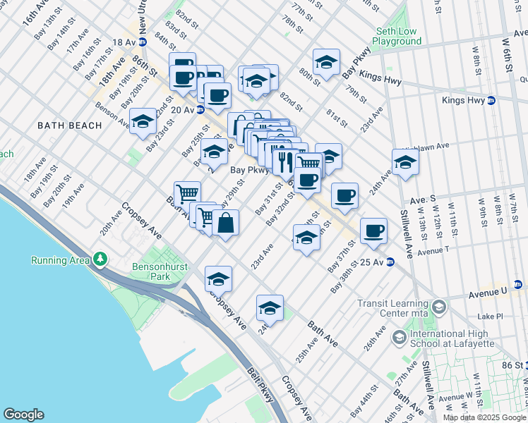 map of restaurants, bars, coffee shops, grocery stores, and more near 8665 Bay Parkway in Brooklyn