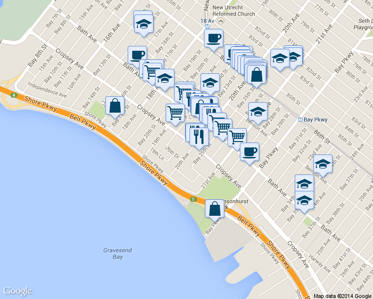 map of restaurants, bars, coffee shops, grocery stores, and more near 1919 Cropsey Avenue in Brooklyn