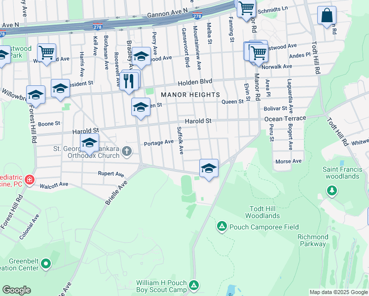 map of restaurants, bars, coffee shops, grocery stores, and more near 203 Suffolk Avenue in Staten Island