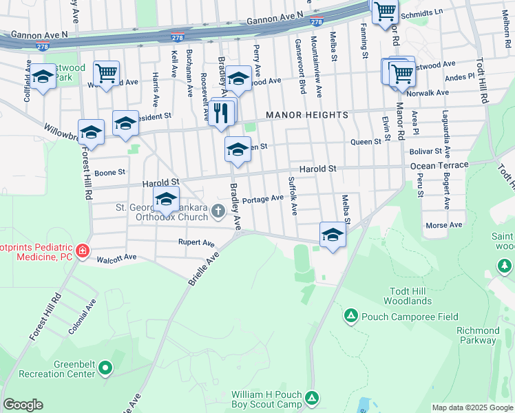 map of restaurants, bars, coffee shops, grocery stores, and more near 195 Wellbrook Avenue in Staten Island