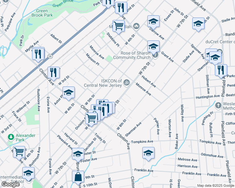map of restaurants, bars, coffee shops, grocery stores, and more near 1051 West 6th Street in Plainfield