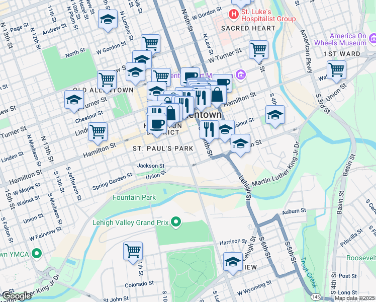 map of restaurants, bars, coffee shops, grocery stores, and more near 737 Walnut Street in Allentown