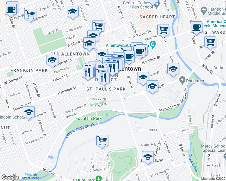 map of restaurants, bars, coffee shops, grocery stores, and more near 824 West Maple Street in Allentown