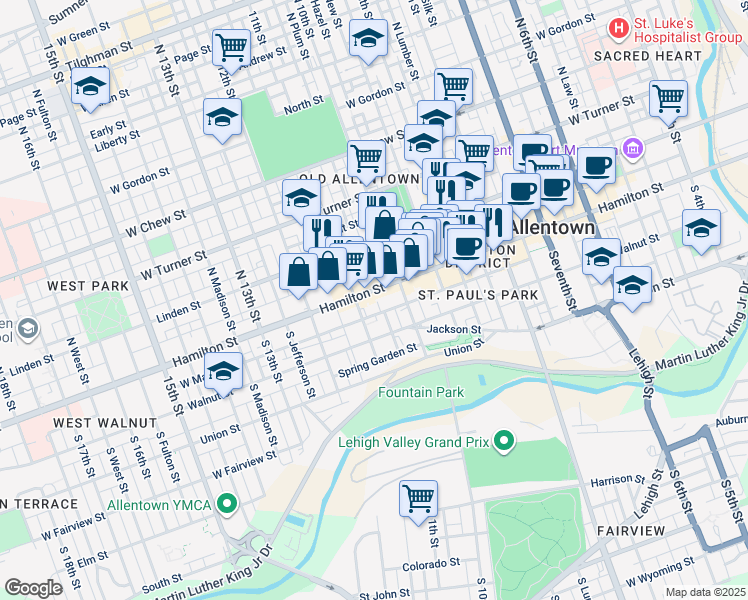 map of restaurants, bars, coffee shops, grocery stores, and more near 1009 Hamilton Street in Allentown