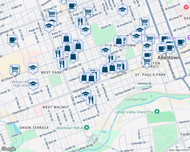 map of restaurants, bars, coffee shops, grocery stores, and more near 1299 Linden Street in Allentown