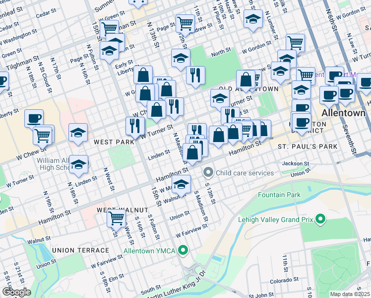 map of restaurants, bars, coffee shops, grocery stores, and more near 1299 Linden Street in Allentown
