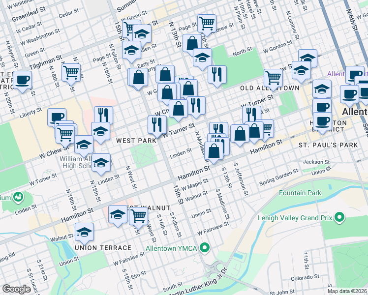 map of restaurants, bars, coffee shops, grocery stores, and more near 1414 Newton Street in Allentown
