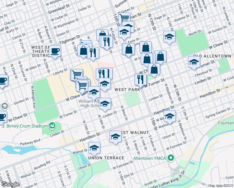 map of restaurants, bars, coffee shops, grocery stores, and more near 222 North 16th Street in Allentown