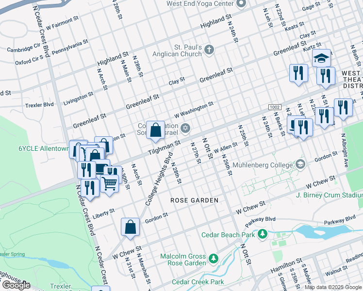 map of restaurants, bars, coffee shops, grocery stores, and more near 2725 Tilghman Street in Allentown