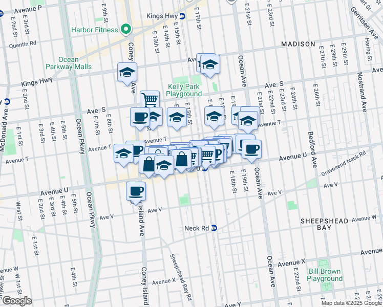 map of restaurants, bars, coffee shops, grocery stores, and more near 2048 East 15th Street in Brooklyn