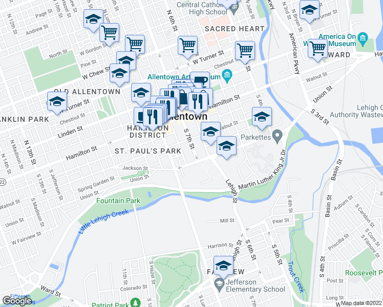 map of restaurants, bars, coffee shops, grocery stores, and more near 130 South 7th Street in Allentown
