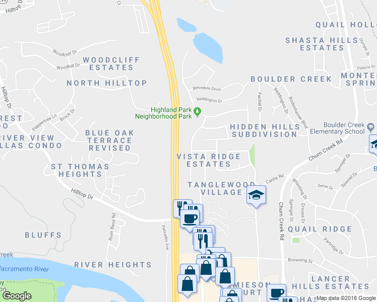 map of restaurants, bars, coffee shops, grocery stores, and more near 610 Mission De Oro Drive in Redding