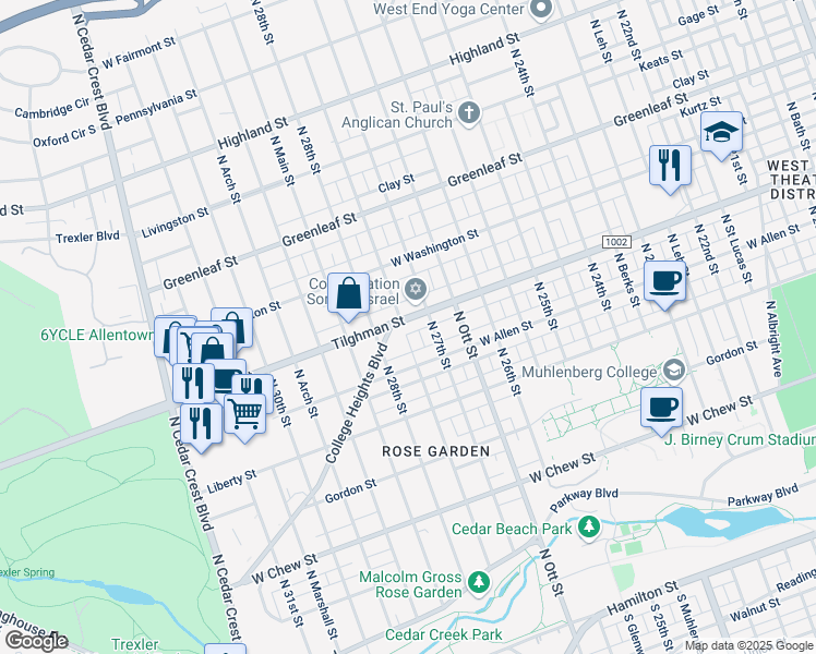 map of restaurants, bars, coffee shops, grocery stores, and more near 2725 Tilghman Street in Allentown