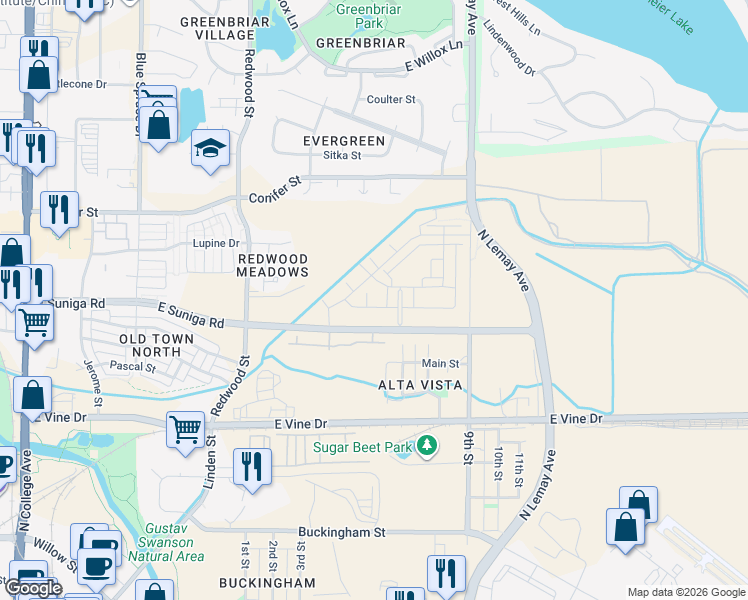 map of restaurants, bars, coffee shops, grocery stores, and more near 813 Martinez St in Fort Collins