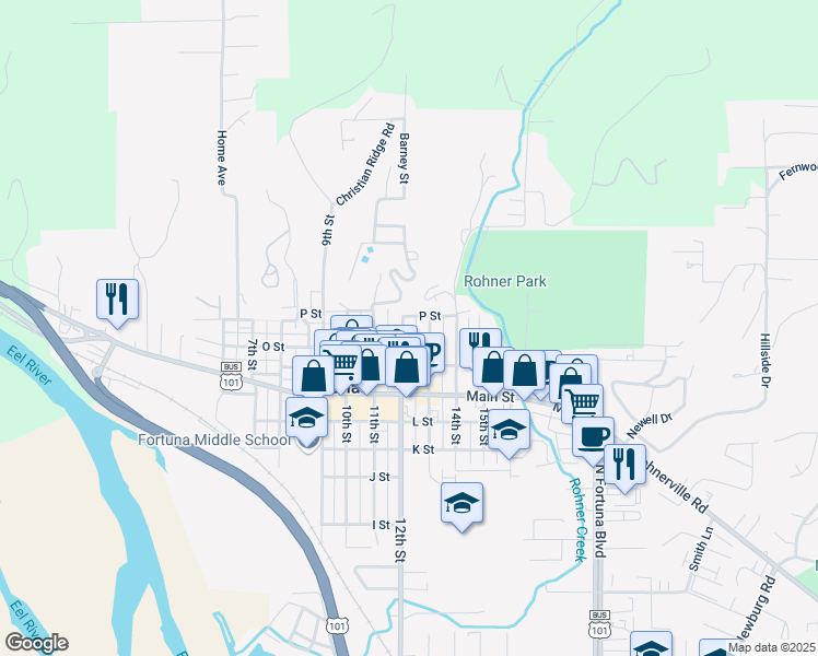 map of restaurants, bars, coffee shops, grocery stores, and more near 1 Alder Lane in Fortuna