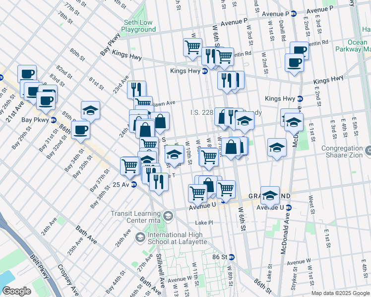 map of restaurants, bars, coffee shops, grocery stores, and more near 1932 West 10th Street in Brooklyn