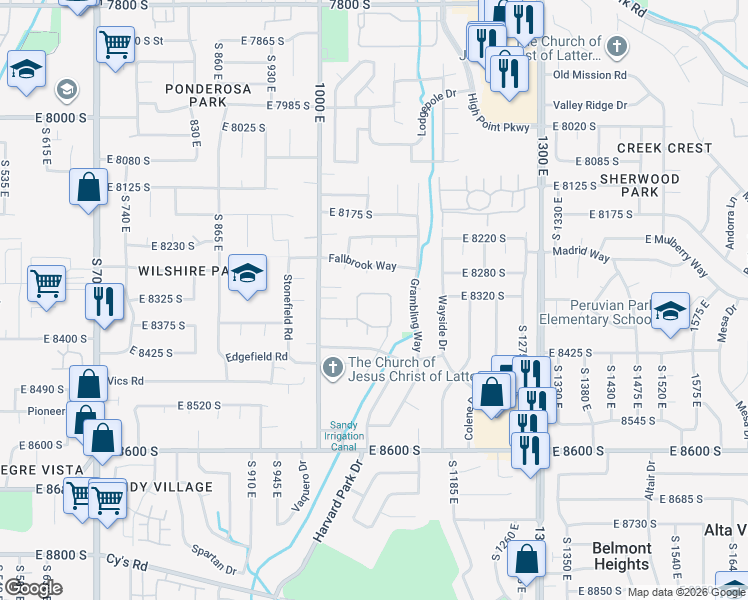 map of restaurants, bars, coffee shops, grocery stores, and more near 1074 East 8320 South in Sandy