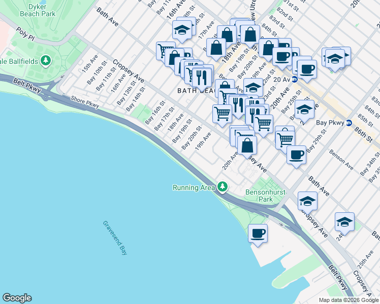 map of restaurants, bars, coffee shops, grocery stores, and more near 293 Bay 20th Street in Brooklyn
