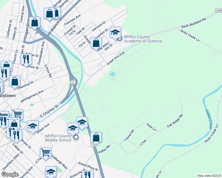 map of restaurants, bars, coffee shops, grocery stores, and more near 175 Cambridge Lane in Lewistown