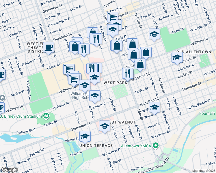 map of restaurants, bars, coffee shops, grocery stores, and more near 1621 West Turner Street in Allentown