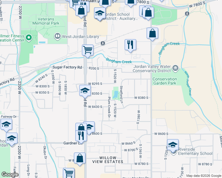 map of restaurants, bars, coffee shops, grocery stores, and more near 8333 South Plum Blossom Circle in West Jordan