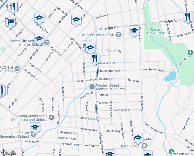 map of restaurants, bars, coffee shops, grocery stores, and more near 1227 Plainfield Avenue in Plainfield