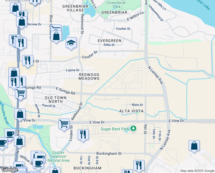 map of restaurants, bars, coffee shops, grocery stores, and more near 808 Schlagel Street in Fort Collins