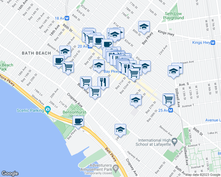 map of restaurants, bars, coffee shops, grocery stores, and more near 8687 Bay Parkway in Brooklyn