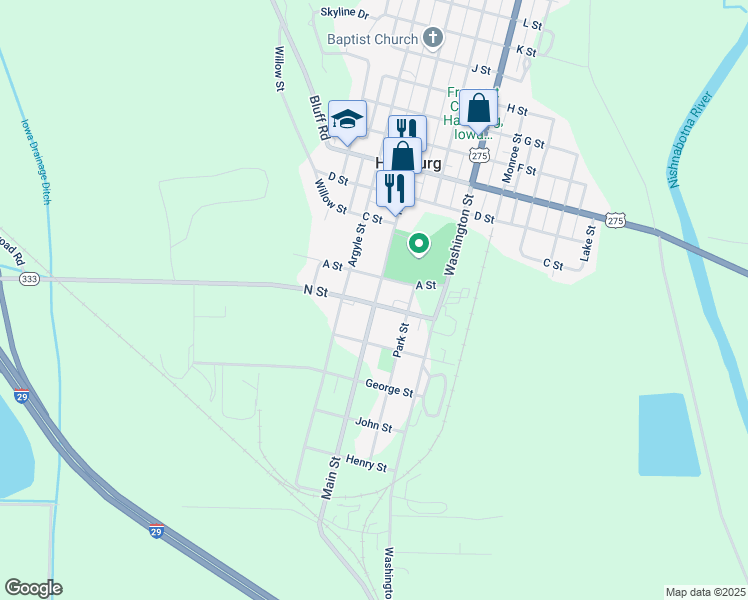 map of restaurants, bars, coffee shops, grocery stores, and more near A Street in Hamburg
