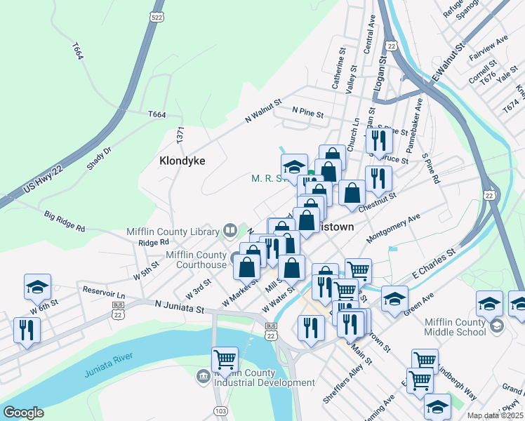 map of restaurants, bars, coffee shops, grocery stores, and more near 122 North Brown Street in Lewistown