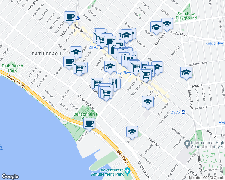 map of restaurants, bars, coffee shops, grocery stores, and more near 115 Bay 29th Street in Brooklyn