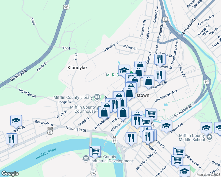 map of restaurants, bars, coffee shops, grocery stores, and more near 122 North Brown Street in Lewistown