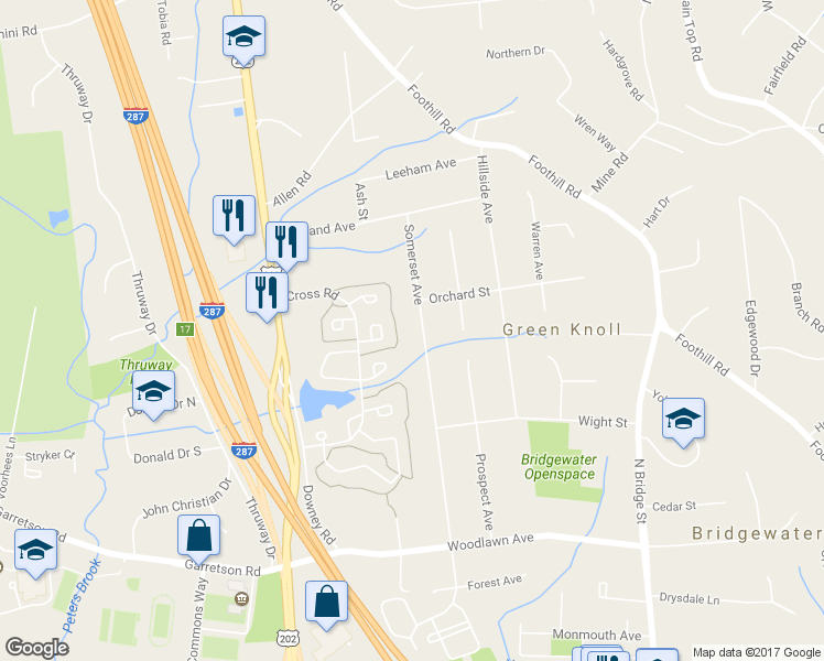 map of restaurants, bars, coffee shops, grocery stores, and more near 101 Somerset Avenue in Bridgewater