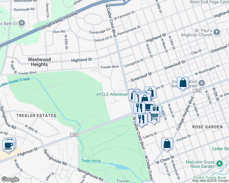 map of restaurants, bars, coffee shops, grocery stores, and more near 3215 West Cedar Street in Allentown