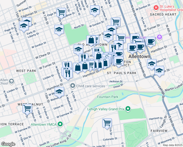 map of restaurants, bars, coffee shops, grocery stores, and more near Hamilton Street in Allentown