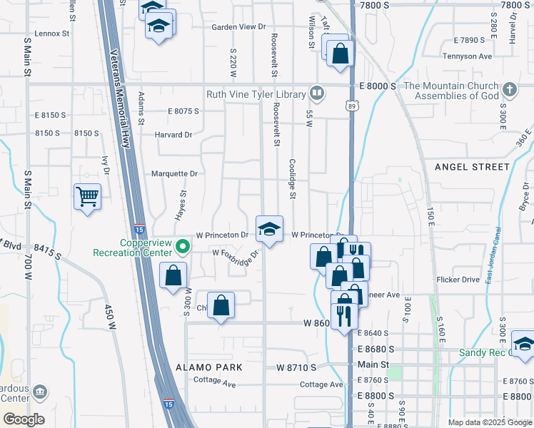 map of restaurants, bars, coffee shops, grocery stores, and more near 8331 South Monroe Street in Midvale