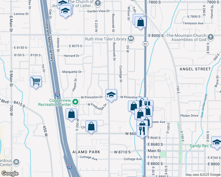 map of restaurants, bars, coffee shops, grocery stores, and more near 8331 South Monroe Street in Midvale