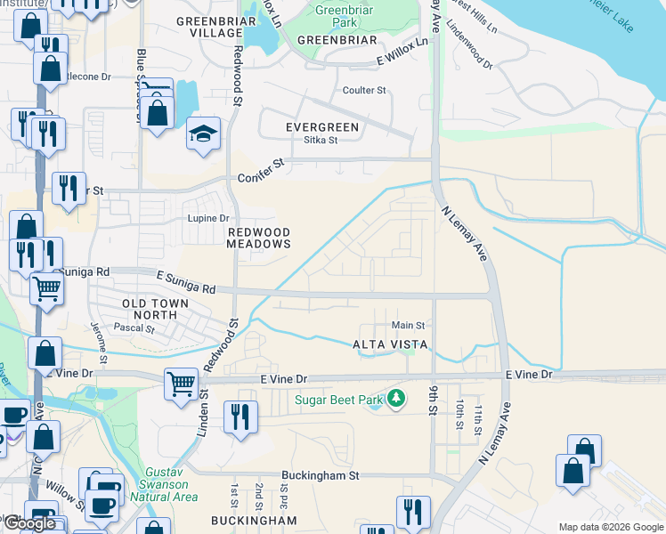 map of restaurants, bars, coffee shops, grocery stores, and more near 900 Sundrop Circle in Fort Collins