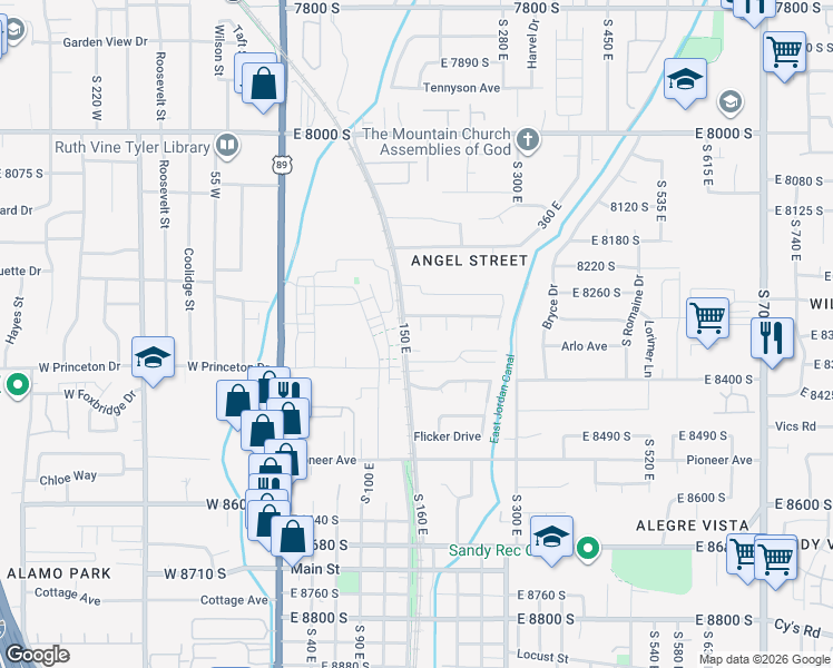 map of restaurants, bars, coffee shops, grocery stores, and more near 190 East Julie Anna Drive in Sandy