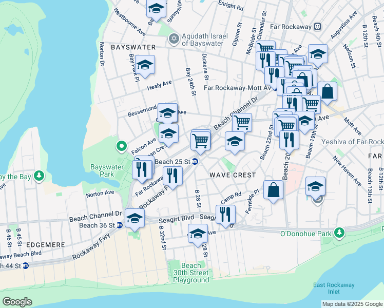 map of restaurants, bars, coffee shops, grocery stores, and more near 25-10 Beach Channel Drive in Queens