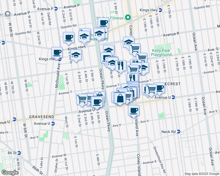 map of restaurants, bars, coffee shops, grocery stores, and more near 619 Avenue T in Brooklyn