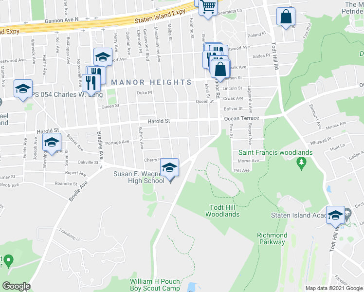 map of restaurants, bars, coffee shops, grocery stores, and more near 94 Portage Avenue in Staten Island
