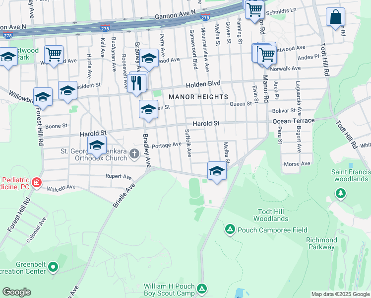 map of restaurants, bars, coffee shops, grocery stores, and more near 203 Suffolk Avenue in Staten Island