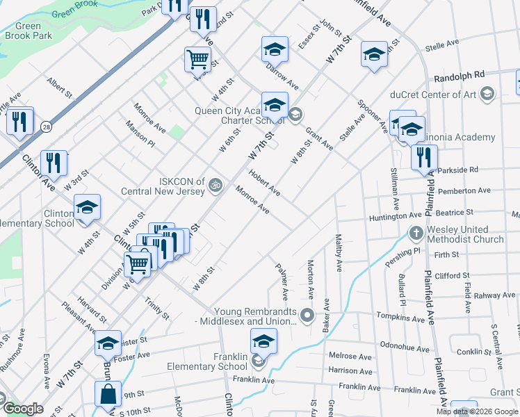 map of restaurants, bars, coffee shops, grocery stores, and more near 972-80 West 8th Street in Plainfield