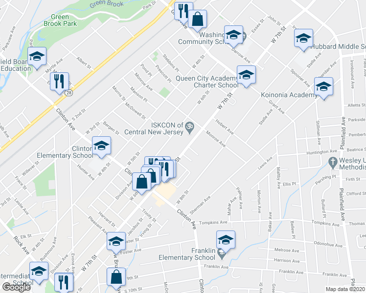map of restaurants, bars, coffee shops, grocery stores, and more near 1020 West 7th Street in Plainfield