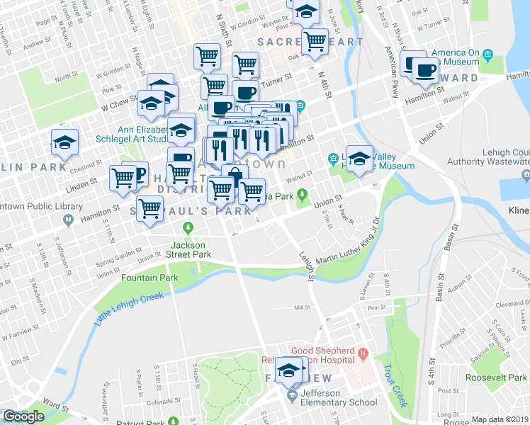 map of restaurants, bars, coffee shops, grocery stores, and more near in Allentown