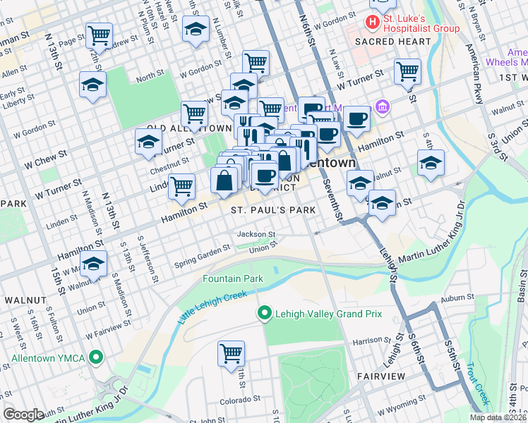 map of restaurants, bars, coffee shops, grocery stores, and more near 26 South 9th Street in Allentown