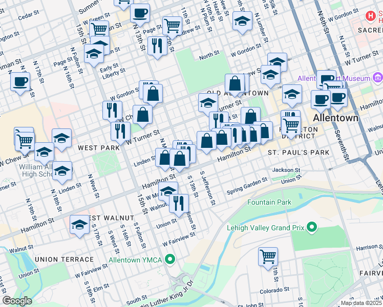 map of restaurants, bars, coffee shops, grocery stores, and more near in Allentown