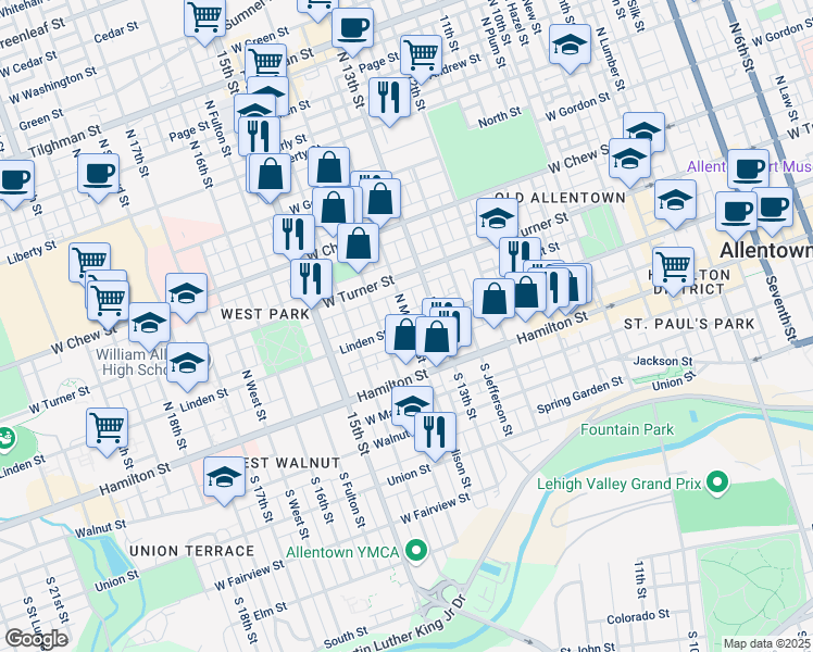 map of restaurants, bars, coffee shops, grocery stores, and more near 118 North Madison Street in Allentown